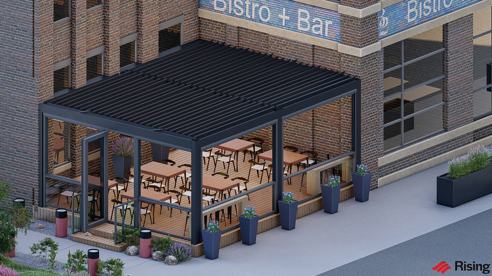 Completed Breslow Azenco SkyTilt™ Motorized SkyTilt Louvered Roof at B2 Bistro, Reading PA